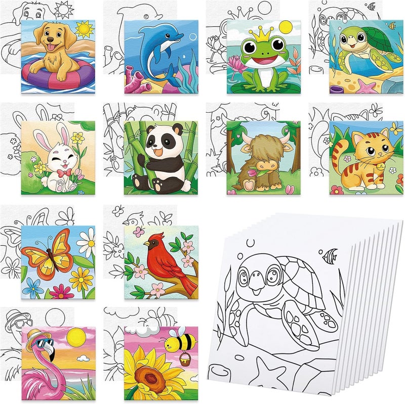Anseal 12 Packs Pre Drawn Canvas to Paint, 4" X 4" Animal Pre-Printed Canvas Paint Party, Stretched Outline Painting Boards for Beginners, Party Favor - Image 1